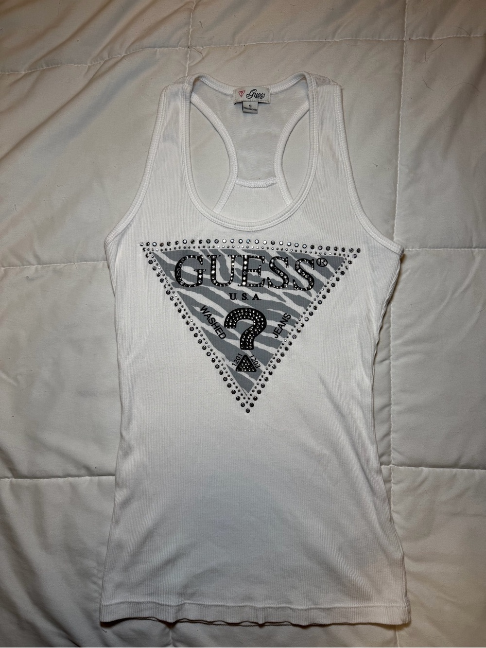 Guess White Racerback Tank with Gray Zebra Logo and Silver Studs